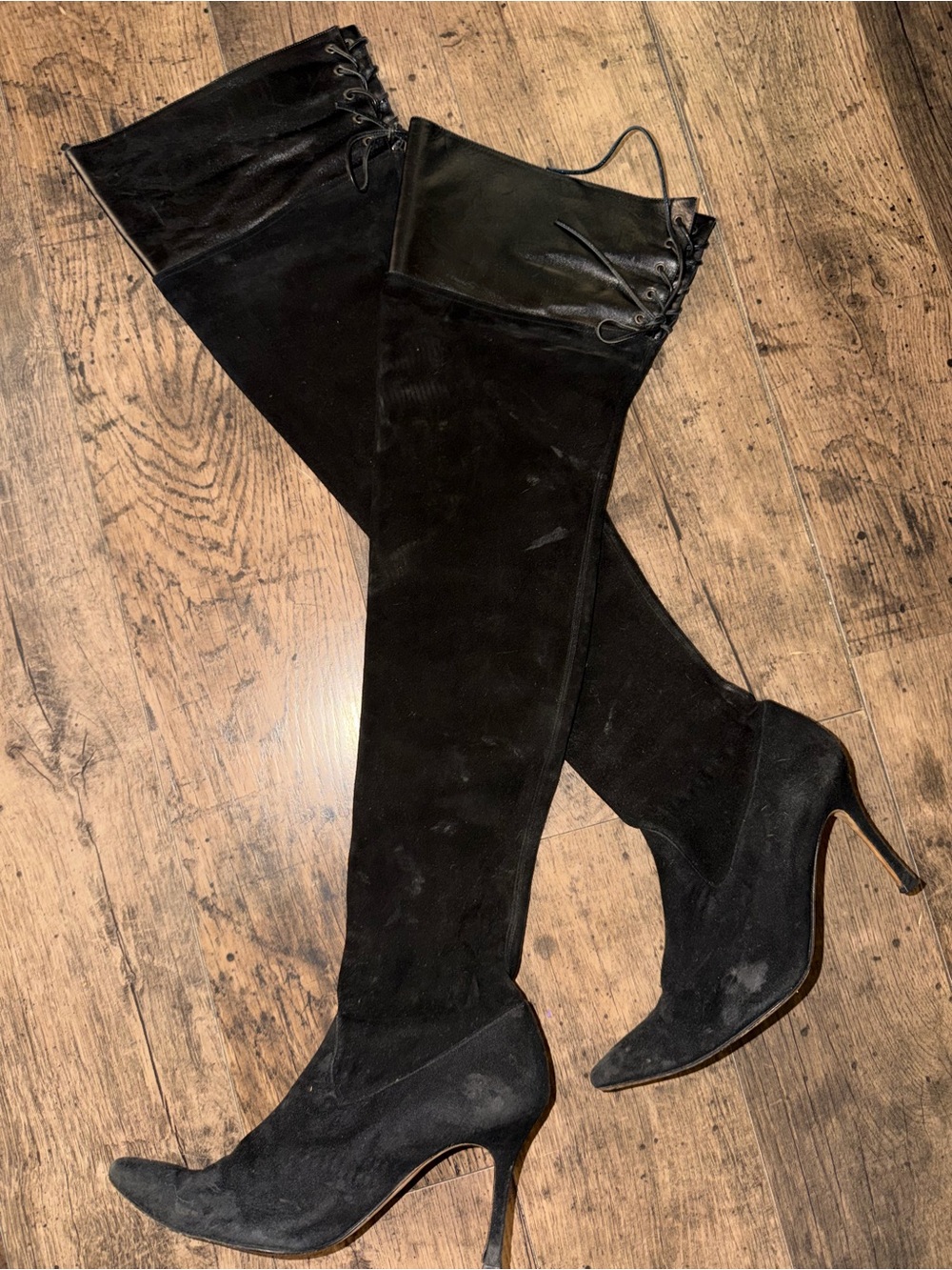 Manolo Blahnik Black Suede Thigh-High Boots Pointed Toe euro 38 1/2 fits 7.5